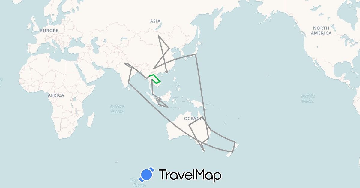TravelMap itinerary: bus, plane in Australia, China, Hong Kong, Indonesia, India, Japan, Cambodia, Laos, Myanmar (Burma), Mongolia, Malaysia, New Zealand, Singapore, Thailand, Vietnam (Asia, Oceania)